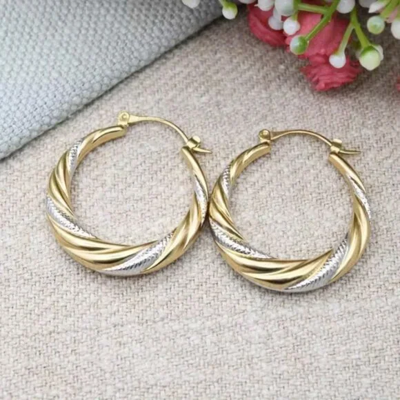 14K Gold Two Tone Silver Womens Small 1.25" Size Hoop Earrings Ladies Jewelry - Picture 2 of 5